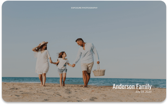 Family holding hands, walking on beach; father carries basket. Anderson Family, July 19, 2020 is overlaid